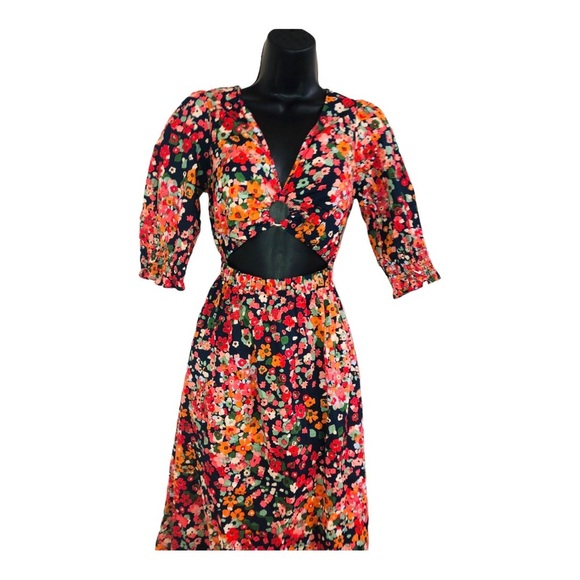 Red orange floral multi midriff cut out cotton v-neck midi dress size medium new - Picture 13 of 16